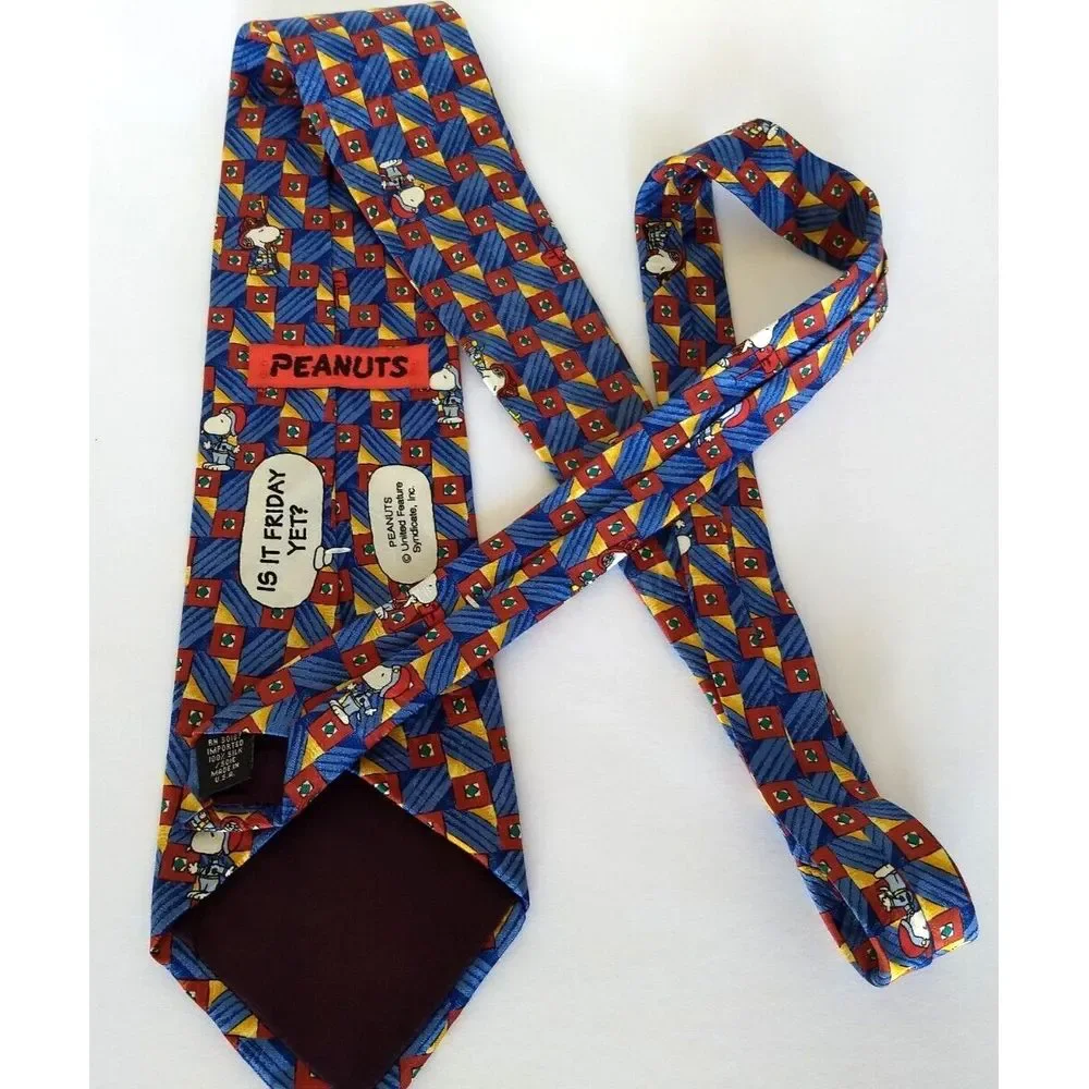 SNOOPY Peanuts Silk Tie Is It Friday Yet? Blue Red & Yellow Geometric Stripe USA